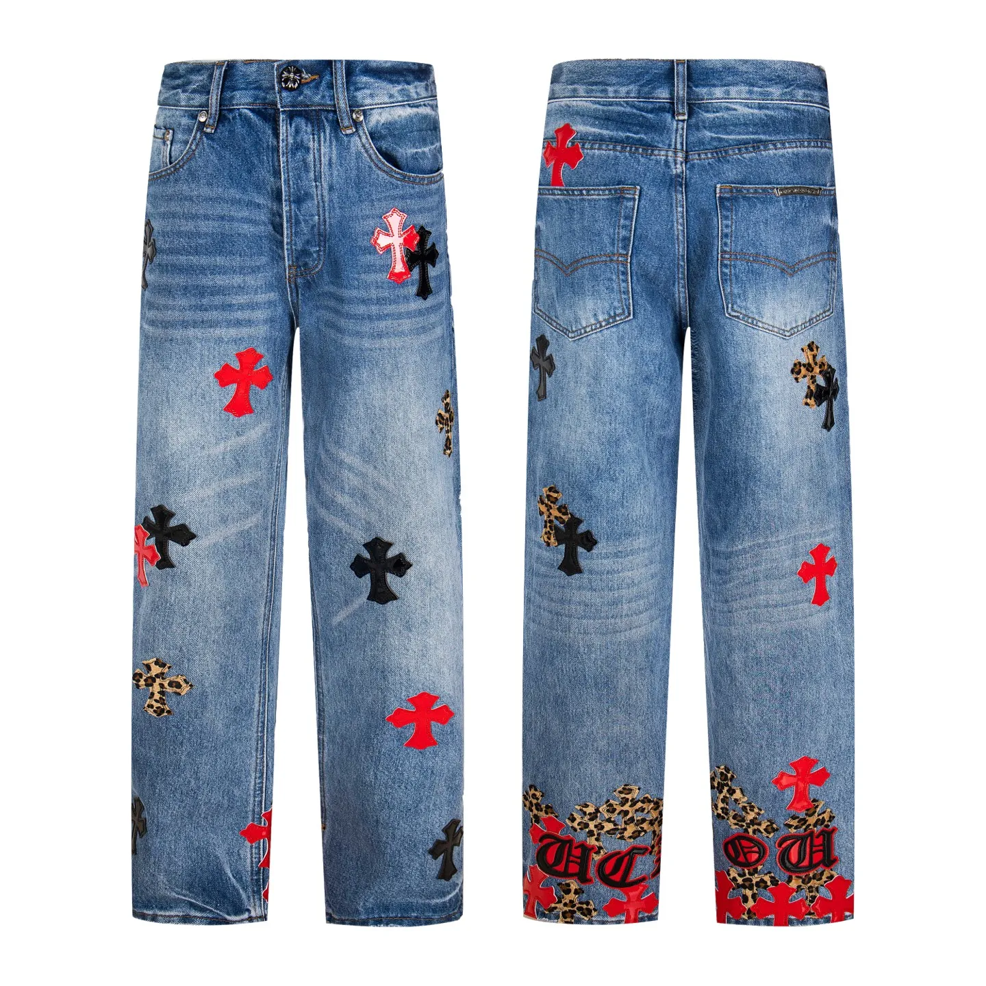 P290 high version Chrome Hearts blue denim with red black panther pattern multi-leather jeans. CH jeans need to be washed and then disassembled and hand-stitched with sheepskin cross leather and then spliced ​​together. The whole piece has too many craftsmanship to explain, patchwork cross pattern embellishment, high-waisted washed jeans! ! Absolutely high-end luxury products, god-level single products and super popular products, made with top heavy industry, a must-see magic weapon. Customized hardware. The fabric is thick and soft after washing. It has good breathability. Customized small leather label. Unique design. The details are simple and elegant, and the workmanship is exquisite. The entire trousers are neatly routed and the details are in place! It’s so cool that both men and women can easily control the genderless trend! Style number: 1799# Color: blue Size: 28 30 32 34 36